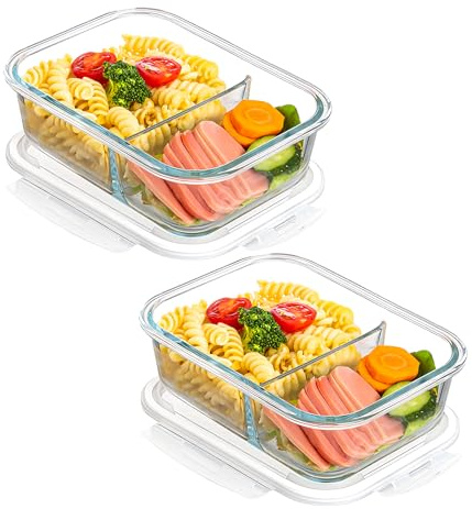 LEKEFETO 2 Stück Meal Prep Boxen Glas: Glasbehälter mit Deckel mit 2 Fächer, Glass Meal Prep Containers 1040ml, Glas Frischhaltedosen BPA-Frei, Luftdicht, für Spülmaschine, Mikrowelle, Ofen