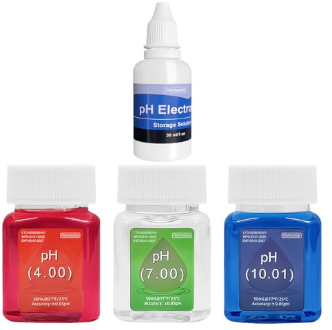 Homcoice pH Kalibrierlösungskit (4.00, 7.00 und 10.01), 50 ml pH-Kalibrierlösung und 30 ml pH (KCL) Sondenaufbewahrungslösung für pH Messgeräte