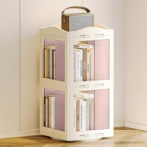 360° drehbares Bücherregal mit 5 Ebenen, faltbar, staubdicht, mit großem Stauraum, ABS, bodenstehend, Bücherregal, Vitrine für Wohnzimmer, Schlafzimmer, Weiß (2. Stock)