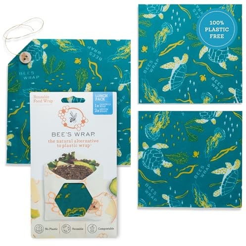 Bee's Wrap Beeswax Wraps for Food - Ocean 3 Pack (2M 1 Sandwich) Made in USA Reusable & Organic Food Wraps, Sandwich Wrap - Eco-Friendly Alternative to Aluminum Foil & Plastic Wrap