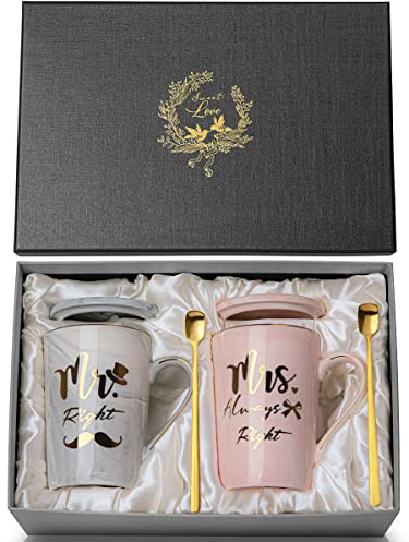 Biching Regalo Anniversario Matrimonio, Regali di Coppia, Regalo Anniversario per Lui e Lei, Regali Nozze Sposi per Marito Moglie, Mr Mrs Right - Tazza da Caffè in Ceramica con Confezione Elegante