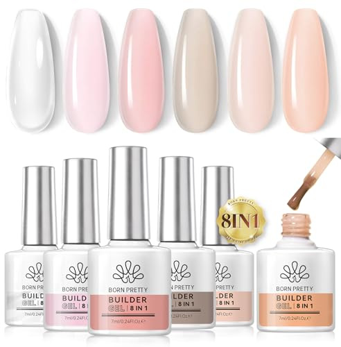 Born Pretty Aufbaugel für Gelnägel 6 Farben - 8 In 1 Clear Rose Nude Quick Builder Gel für Nägel in a Bottle Base Top Coat Nagelverlängerung Verlängerungsgel Verstärkungsgel Nagelkleber