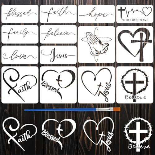FINGERINSPIRE 14 Stück Schablonen Mit Religiösem Thema Und Pinsel 2 Größen Kreuz Malschablonen Wiederverwendbare PET Herz Heimschablone Religiöse Wort Dekorationsvorlage Für Holz Wände Böden Möbel