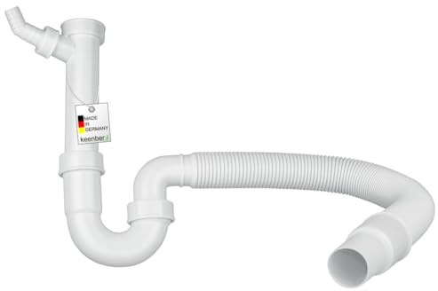 Keenberk - Siphon für Küchenspüle mit Flexiblem Ablaufschlauch - Flexibler Siphon mit Geräteanschluss - Röhrensiphon mit Geräteanschluss - 100% Wasserdicht - Made in Germany