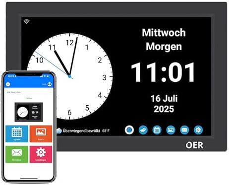 OER Smart Demenzuhr – Verwalten Sie die Agenda über die KOSTENLOSE App – Spricht Uhrzeit und Tageszeit an – Schreiben Sie benutzerdefinierte Alarme – Nachrichten und Fotos senden (Schwarz)