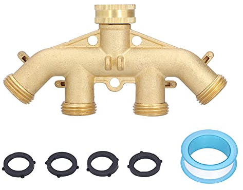 G3 / 4 4 Way Hose Splitter | Sturdy Brass Connector with Ball Valves for Garden/Lawn/Faucet | Leak - Protected Irrigation Adapter with Gaskets & Tape | 465g Enduring Accessory