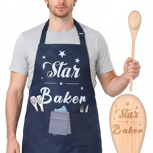 Baker Apron and Wooden Spoon Set - Personalised Kitchen Cooking Aprons for Women and Men, Funny Baking Gifts for Bakers Wife Husband, Chef Cooking Accessories