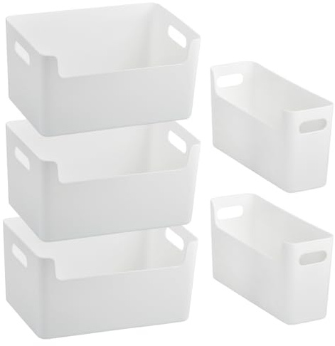 DODUOS 5 Stück Aufbewahrungsbox Kunststoff Weiß , Kunststoff Aufbewahrungskorb mit Griffen, Vorratskörbe Aufbewahrungskorb Kunststoff, Ordnungsboxen Aufbewahrungsbox für Badezimmer Küche Schlafzimmer