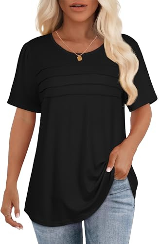 T Shirts for Women UK Summer Tops Pleated Casual Tees Short Sleeve Round Neck Basic Blouse(A-Black,L)