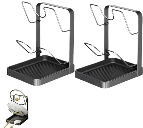 2 Pièces Support Couvercle Casserole,porte Couvercle Cuisine,Organiseur Couvercles De Casserole Avec Repose Cuillère Cuisine,porte Cuillere Cuisines,Range Couvercles Cuisines Avec Bac D'égouttage(d-)