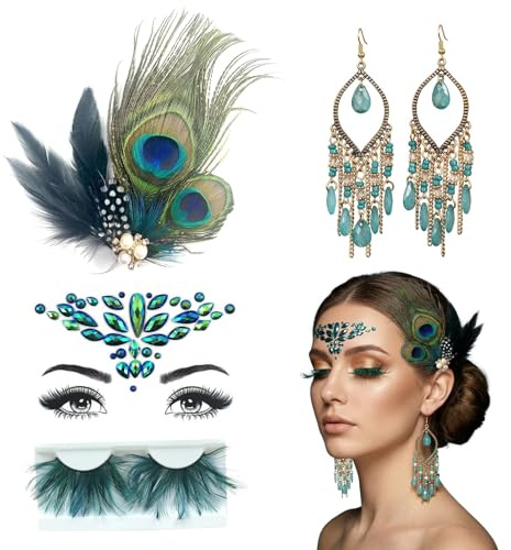 ZXTGBQ 6PCS Pfau Kostüm Damen Accessoires mit Pfauenfedern Kopfschmuck und Ohrringe Blau Grün, Glitzersteine Gesicht, Pfauenfedern Outfit Accessoires für Karneval Mottoparty Fasching Cosplay