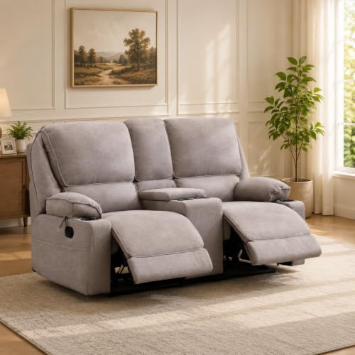 Anunweldo 2er Kinosessel Relaxsessel mit Liegefunktion, 2 Sitzer Fernsehsessel TV Sessel mit Konsole, 4 Getränkehalter Cupholder, zweisitzer Sofa für Wohnzimmer (Hellgrau)