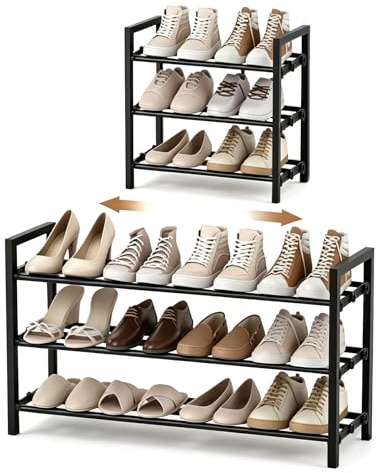 Anhow Ausziehbares Schuhregal Schmal, 3 Ebenen Adjustable Schuhregal Metall, Breite 43 to 78cm, Standregal Schmal Schuhablage Platzsparend für Kleiderschrank, Eingangsbereich, Schlafzimmer - Schwarz