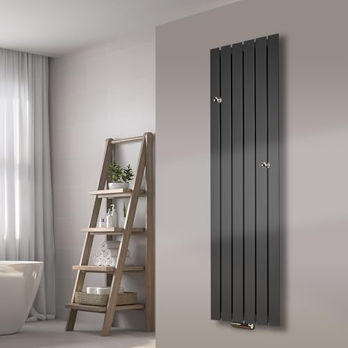 Badheizkörper Design Peking 3 180x47cm anthrazit - moonstone (+ 2 Knopfhalter) SZAGATO Handtuchwärmer Handtuchtrockner Handtuchhalter Paneelheizkörper vertikal Mittelanschluß Flachheizkörper