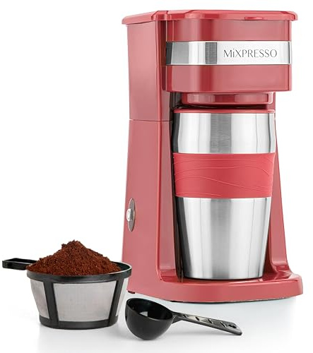 Mixpresso 2-In-1 Single Cup Coffee Maker & 14oz Travel Mug,Portable Coffee Maker For Travel, Personal Drip Coffee Brewer & Tumbler Advanced Auto Shut Off Function & Reusable Eco-Friendly Filter (Red)