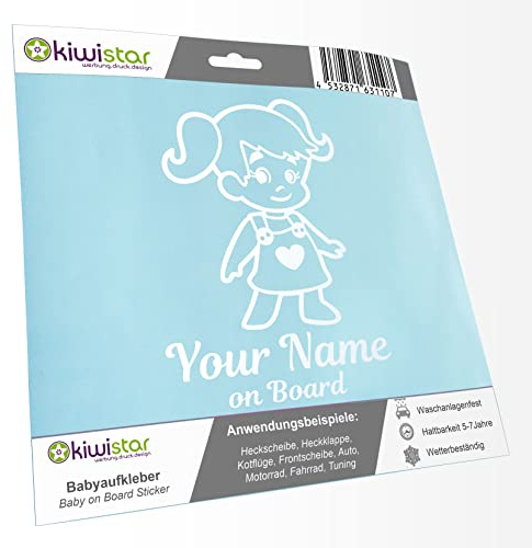 Babyaufkleber - Mattweiß - Mädchen Zöpfe Herz Sticker - mit Wunschtext individuell personalisiert + on Board 15cm - für Auto, Motorrad, Fahrrad, Tuning