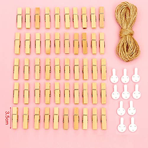 Pinzas de madera para la ropa, 50 mini pinzas de madera + 10 m de cuerda de yute, pinzas decorativas para fotos y manualidades, pinzas decorativas para cuerdas de fotos, color madera