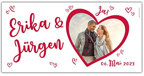 Herz & Heim® Hochzeitsdeko Party-Banner mit eigenem Foto und Namen 0,80 x 1,60 m (Ja!)