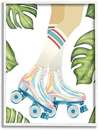 Stupell Industries Vintage Disco Roller Skates Striped Socks Monstera Plants