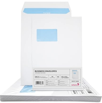 Netuno 50 Versandtaschen A4 Weiß DIN C4 mit Fenster links haftklebend 90g | 22,9 x 32,4 cm · große weiße Geschäftsumschläge · für Großbrief, Maxibrief, Warensendung, Büro, Versand