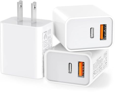 3 Pack USB C Wall Charger, 20W Durable Dual Port QC+PD 3.0 Power Adapter, Double Fast Plug Charging Block for iPhone 14/15/16/17 Pro/Pro Max/Plus, XS/XR/X, Watch Series 8/7 Cube，White