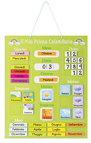 Navaris Kalender Tafel für Kinder - Lerntafel Jahreszeiten Uhr - Magnet Spiel Lernuhr - Kinderkalender Jahreskalender - magnetisch grün - italienisch