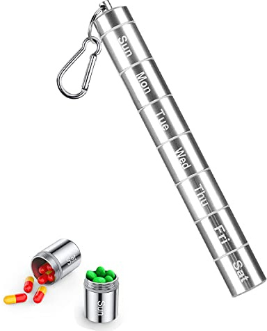 TSKDKIT Metal Pill Box 7 Day Waterproof Pill Box Organizer Weekly Keyring Pills Holder with Carabiner Portable 7 Day Capsules Pills Container for Outdoor Travel(Silver)