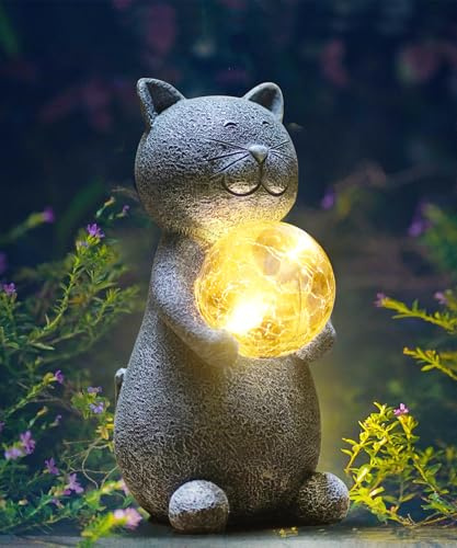 Tiejiajiang Solar Cat Statue Garden Decor - Cat Lover Gifts, with Gazing Solar LED Lights Ball Cats Decoration for Garden Yard Patio Lawn Balcony - Gifts for Mom Grandma (Gray)