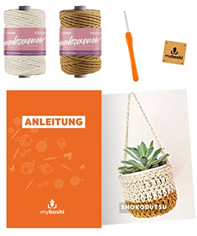 myboshi Häkelset Blumenampel Shokobutsu, inkl Makramee, Häkelnadel, Anleitung und original Label in Lederoptik, 100% Baumwolle, Beige (Natur), mit Häkelnadel