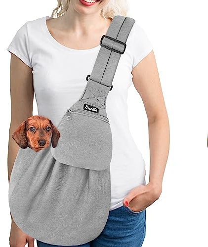 SlowTon Hundetragetasche, Haustier Hundetasche mit verstellbarem, gepolstertem Schultergurt und Fronttasche Tragetasche Hund für Spaziergang Aktivitäten im Freien und Ausflüge(Grau-Pullover Stoff)