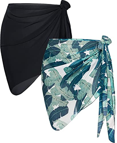 AVAYUU 2 Stück Damen Strand Wrap Sarong Vertuschung Chiffon Badeanzug Kurz Bikini Cover up Wickelröcke Leopard Blätter Kokospalme Sexy Pareos Strandtuch Strandkleid Tücher Sommer L-XXL