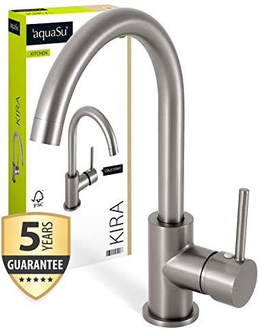 'aquaSu® Spültischarmatur Kira mit Wasserspar-Kartusche, Kosten-sparende Kaltwassermittelstellung, hoher Auslauf, Keramikkartusche, Schaftbefestigung, Messingkern, industrial, 797917