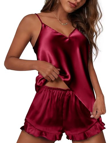 Ekouaer Silk Pyjamas for Women Set Soft Sweetness V-Neck Pj Sets Sleepwear Nightwear,Wine Red,L