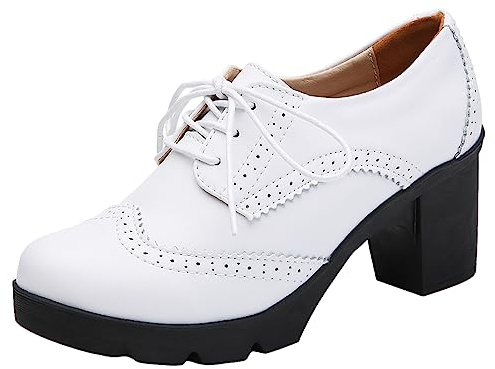 Jamron kvinnors blockklack snörning brogues derby skor pumps finskor, Vitt, 35.5 EU