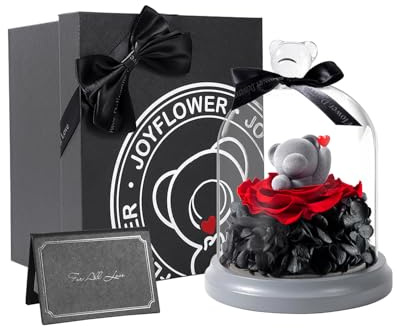 JoyFlower Konservierte Blumen mit Teddybär im Glas, Ewige Rosen Geschenke für Freundin, Forever Flowers Bär mit Geschenkbox für Frau Mama Frauen am Geburtstag, Valentinstag, Muttertag, Jahrestag