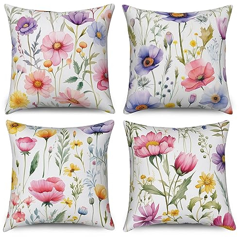 ASDCXZ Blume Kissenbezug 40x40 cm 4er Set, Frisch Rose Lila Gelb Blume Blätter Sofa Dekokissen Kissenbezüge Kissenhülle Waschbar Polyester Flachs Textil Outdoor Polster Kopfkissenbezug Kissen Bezug