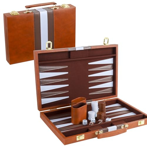 Klassisches Backgammon-Set für 2 Spieler - Brettspiel für Erwachsene Mit Hochwertiger Ledertasche, Tragbar und Reisefreundlich (Braun, 15 Zoll)