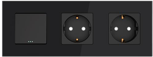 PULSAR Wechselschalter mit Steckdose x2 Schwarz Glas 3-Fach, Lichtschalter mit Doppelsteckdose mit Kindersicherung Unterputz 16A 228 x 86mm
