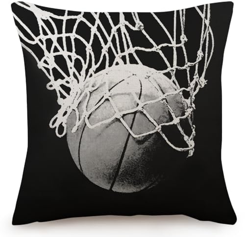 HYZUIMEI Basketball Enthusiasts Theme Pillow Cases Boys Girls Room Present Throw Pillow Cover ，18 X 18 Inch Black Linen Cushion Cover, for Bedroom Bed Outdoor Car Couch Sofa