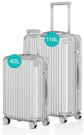 Voyagoux Kofferset 2 teilig - 40L & 116L, Hartschalenkoffer Set, TSA-Schloss, ABS, 4X 360° Rollen, Robust und Leichtgewicht Suitcase, Silber