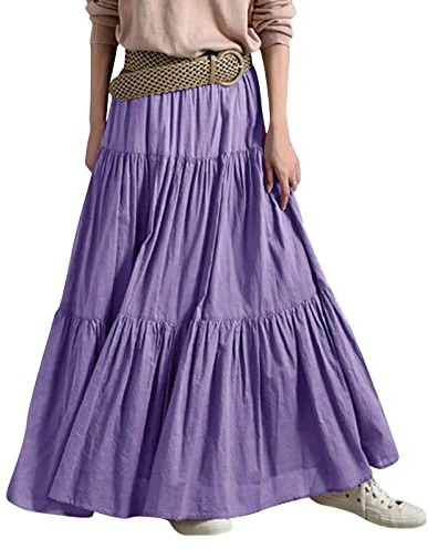 Damen Maxirock Boho Damen-Frühling/Sommer, lässig, hohe Taille, Baumwolle und Leinen, einfarbig, plissiert, lockerer Swing, halblanger Rock Schwarz Schwarz