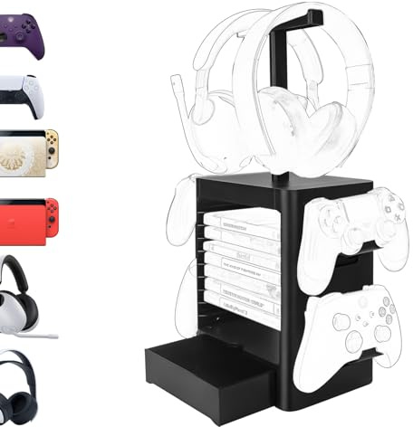 Geekria Multifunction Game Storage Stand Kompatibel med PS5/PS4/XBOX Series X/XBOX One/Nintendo Switch, Game Disk Rack och Controller/Headset-hållare, Universal Desk Game Accessories (svart)