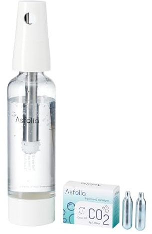 Asfolia Máquina portátil de agua con gas – Máquina de refrescos de viaje para el hogar y el aire libre, botella de carbonatación de 1 litro, paquete de 10 cilindros de CO2, máquina compacta de agua