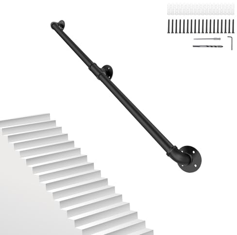 5FT/1.5M Pipe Stair Handrail Metal Railing Staircase Handrails Wall Mount Non-Slip Safety Stair Rail Outdoor Indoor Industrial Pipe Handrail Black Step Baluster Handrail