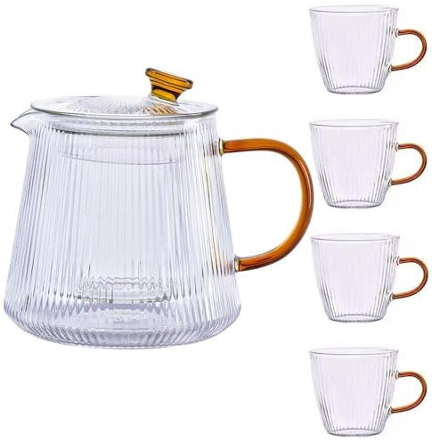 TAMUME Set da tè in vetro: 1 teiera in vetro e 4 tazze da tè con strisce verticali, design ergonomico per uso con una sola mano