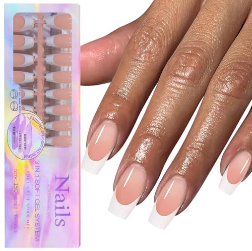 GZMAYUEN French Tip Press on Nails Gel Nail Tips - 15 sizes 150 pcs Nude Coffin French Tip Press on Nails Medium Shape, 3 in 1 Pre-french Gel Nail Tips, Full Cover Ballerina Fake