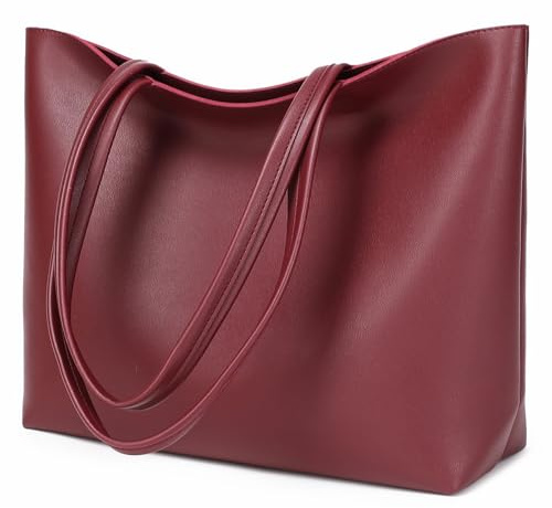 MEEGIRL Damen Henkeltaschen, Einfache Handtaschen PU Leder Tote Shopper Bag für Arbeit, Schule, Einkauf mit Reißverschluss und Innentasche (Wine Red)