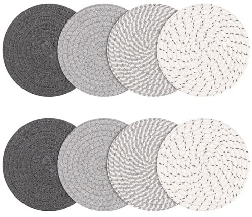 LOPYXBR 8 Stück Topfuntersetzer Set, 18cm Topfuntersetzer Hitzebeständig, Untersetzer Topf, Baumwolle Faden Weben Matte, 4 Farben Runde Isolierte Platzsets für Töpfe, Pfannen und Teller