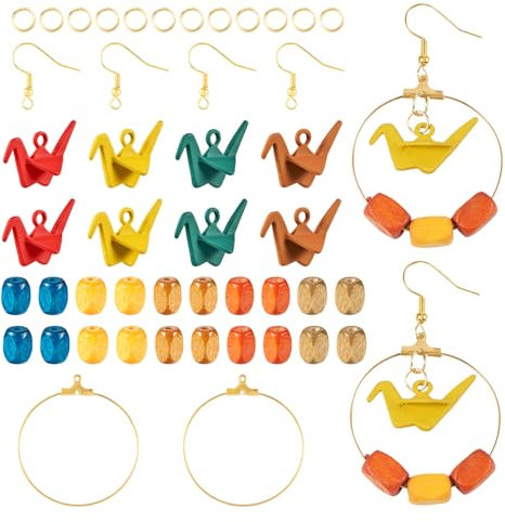 FASHEWELRY Papierkranich-Anhänger aus Legierung mit Holzperlen, Ohrringhaken, runde Kreis-Anhänger für DIY-Frauen, Ohrringe, Schmuckherstellung, Bastelzubehör