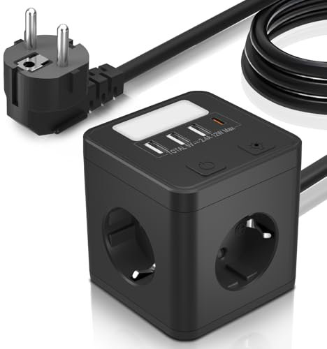 Ciabatta elettrica USB C, 4 prese, con luce notturna, cubo multipresa con interruttore, presa multipla per casa, ufficio, cavo da 1,5 m, colore nero